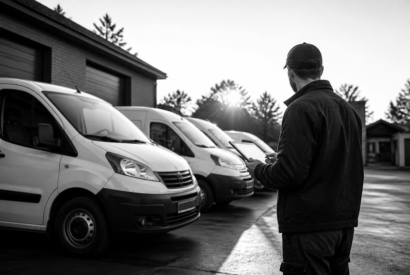 A service business owner reviewing a tablet in front of a fleet of company vans.