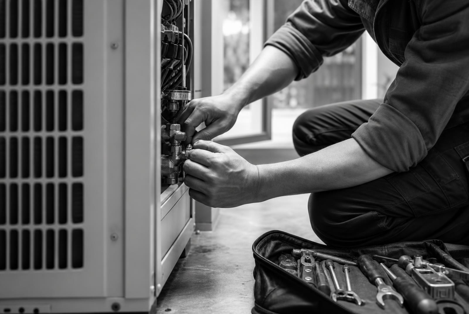 A service technician working on an HVAC unit on a job site.